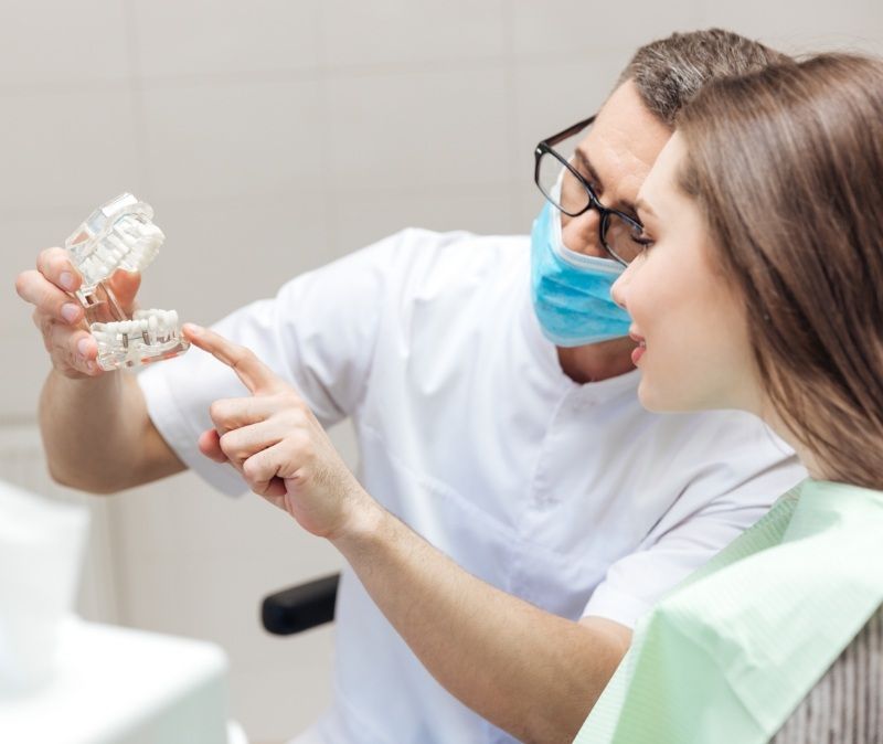 Dentist using smile model to explain indications for dental implants