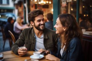 Smiling couple enjoying coffee date