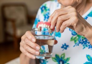 Senior woman placing her denture in cup of water 